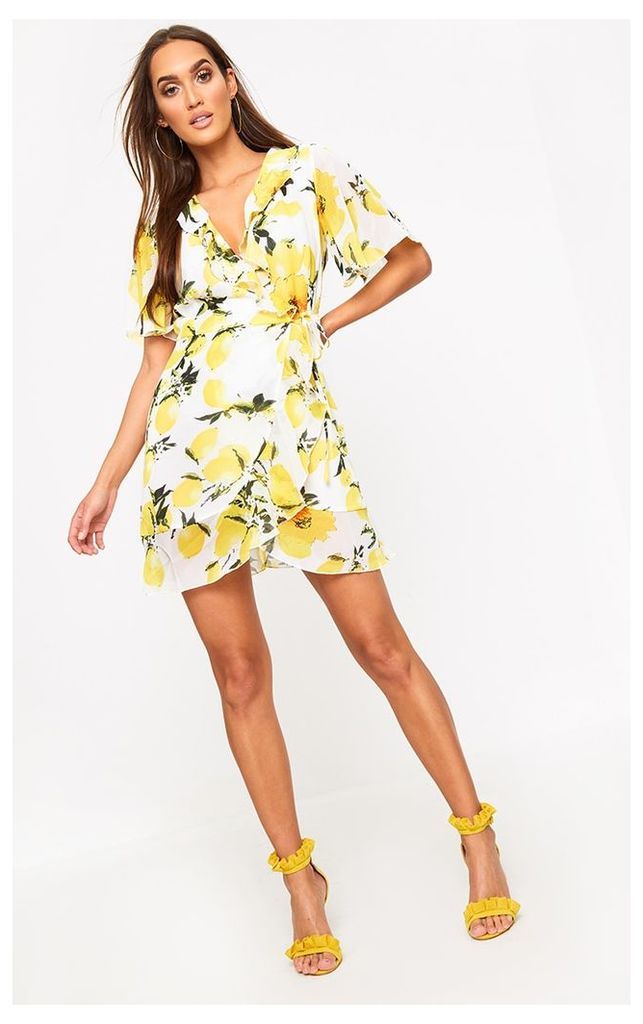 Lemon Print Wrap Dress, Yellow