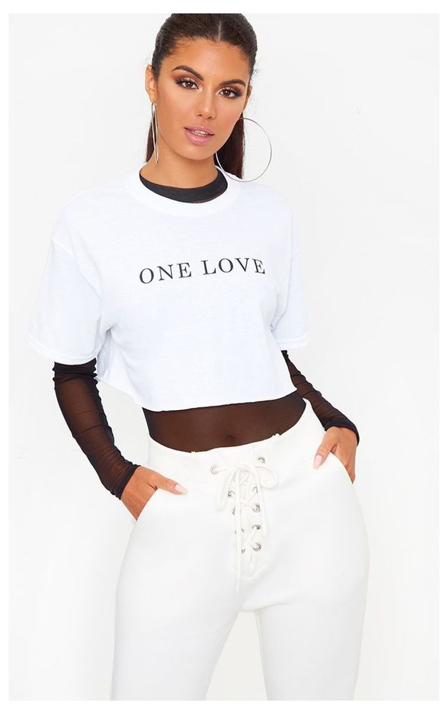One Love Slogan White Crop T Shirt