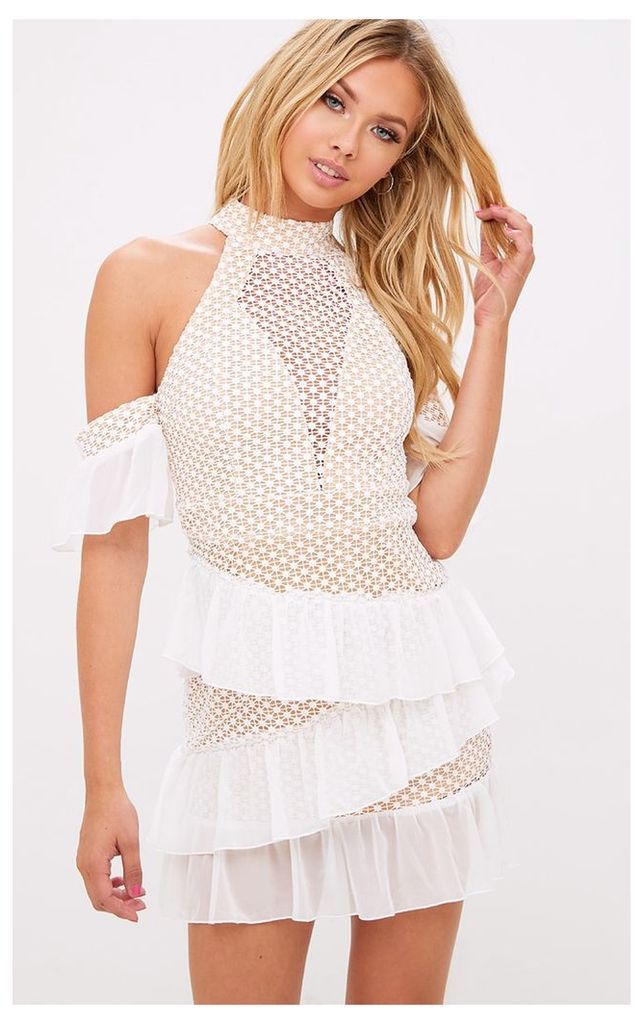 White Crochet Mesh Frill Detail Bodycon Dress, White