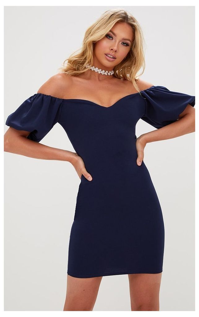 Navy Puff Shoulder Bardot Bodycon Dress, Blue