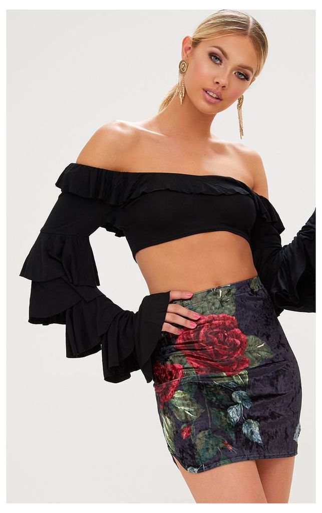 Black Floral Print Velvet Mini Skirt