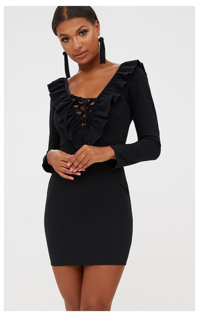 Black Frill Detail Lace Up Bodycon Dress, Black