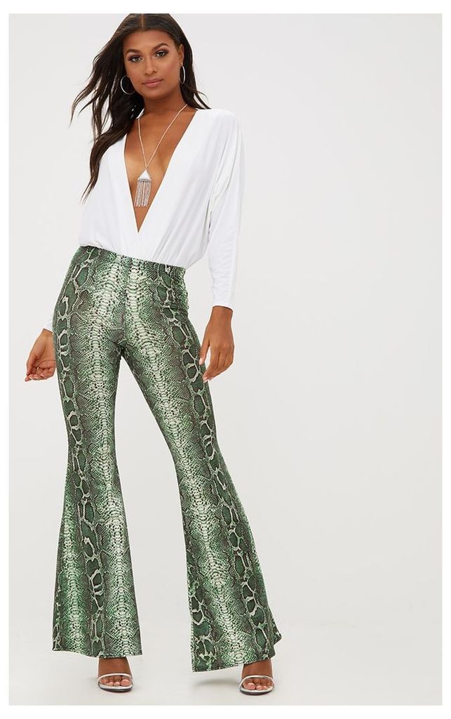 Forest Green Snake Print Slinky Flared Trousers, Forest Green