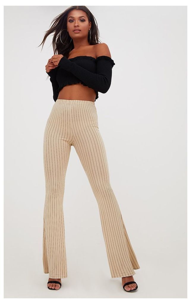 Stone Jersey Pinstripe Flared Trousers, White