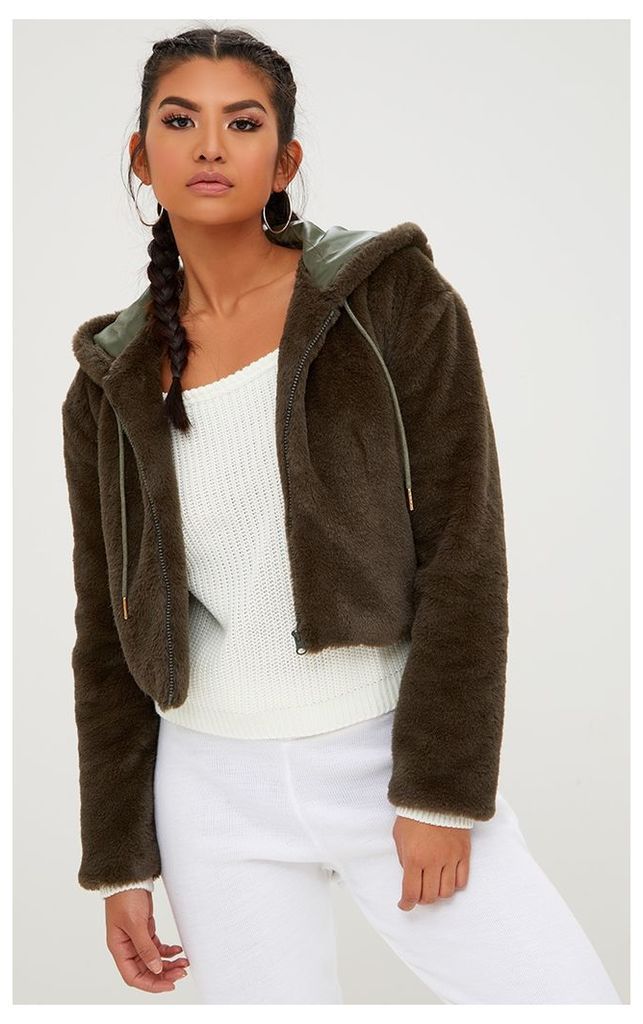 Khaki Cropped Faux Fur Jacket With Hood