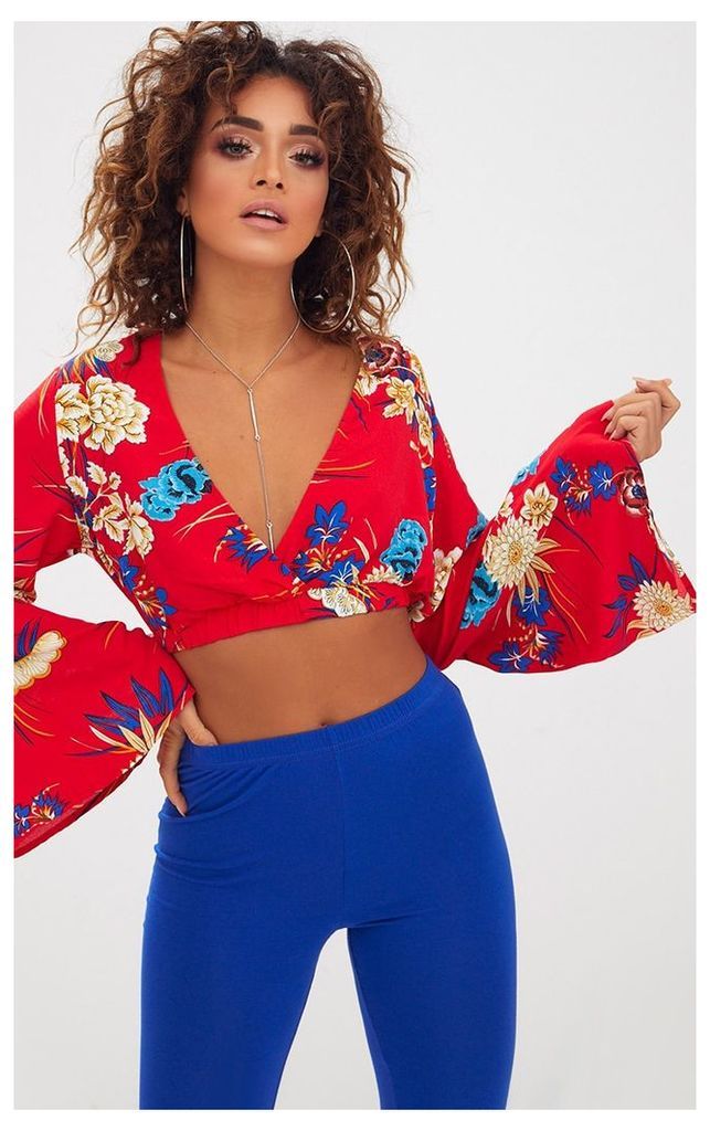 Red Floral Print Flare Sleeve Plunge Blouse, Red