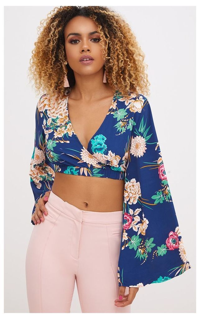 Navy Floral Print Flare Sleeve Plunge Blouse, Blue