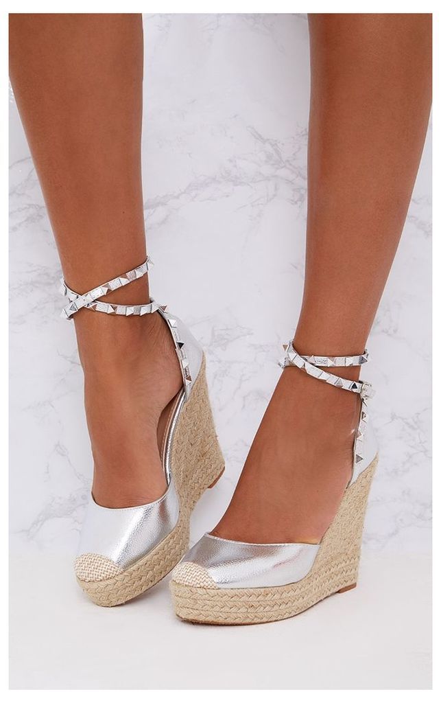 Silver Studded Strap Wedges, Grey