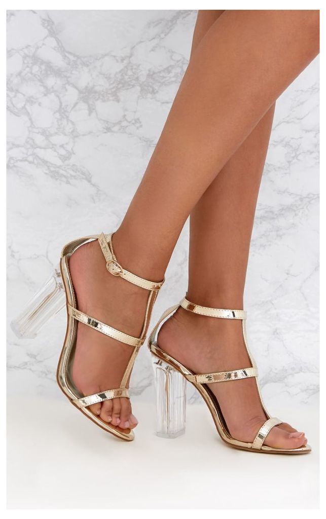 Gold Clear Heel Caged Sandals, Yellow