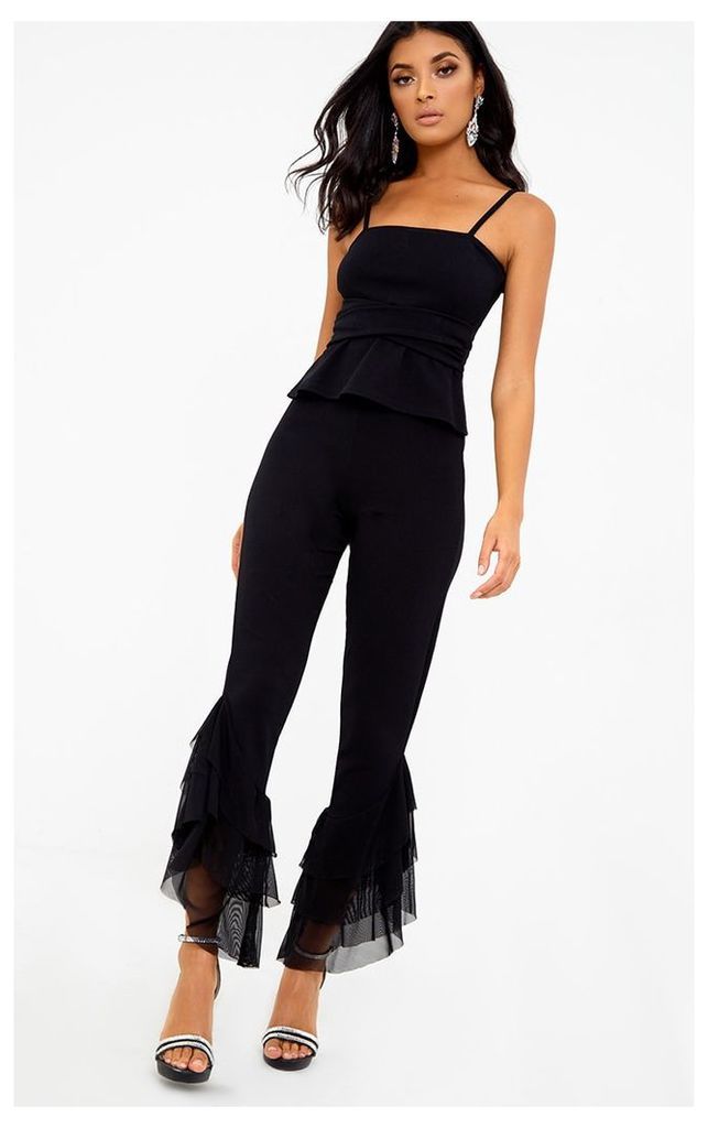 Black Tulle Frill Flared Trousers, Black