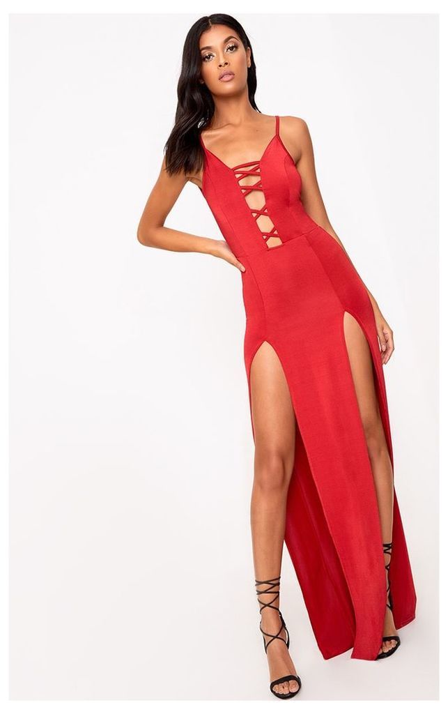 Red Slinky Extreme Split Maxi Dress, Red