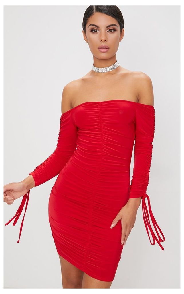 Red Slinky Ruched Bardot Bodycon Dress