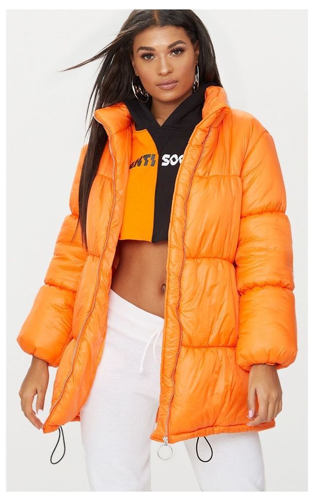 Orange Ring Pull Longline Puffer Jacket, Orange