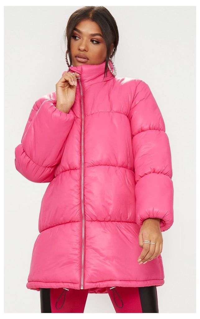 Bright Pink Ring Pull Longline Puffer Jacket, Bright Pink