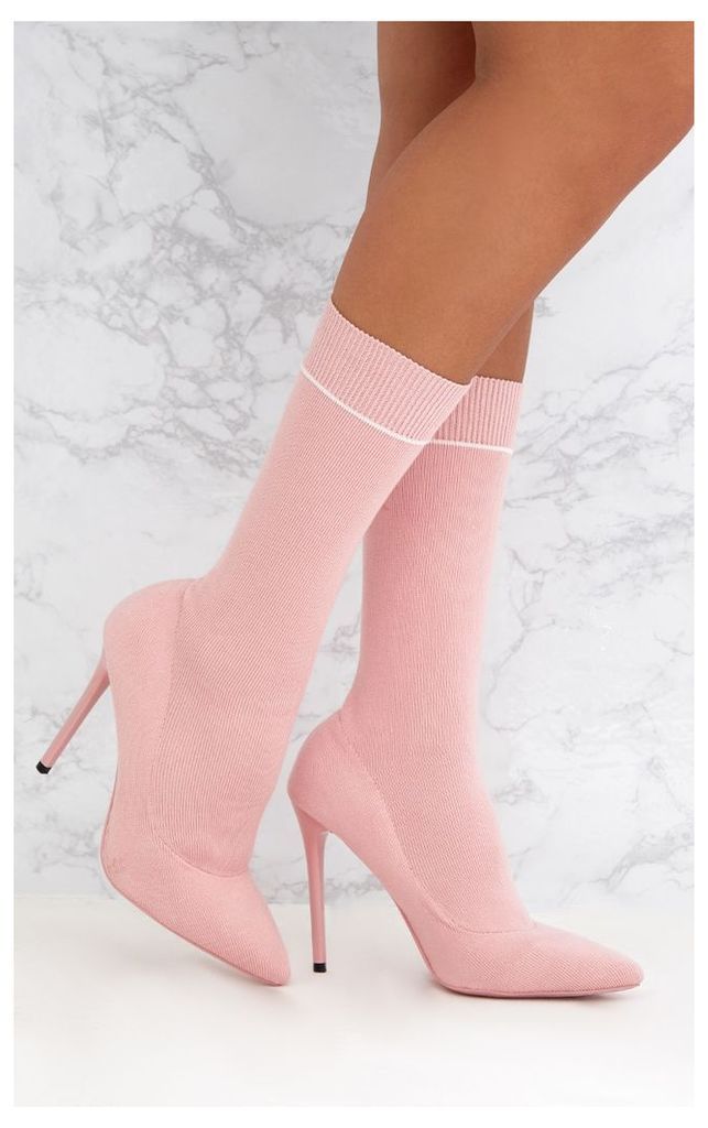 Pink Contrast Piping Knitted Pointy Sock Boots, Pink