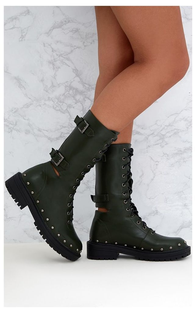 Khaki Chunky Hard Wear Lace Up Ankle Boots, Green