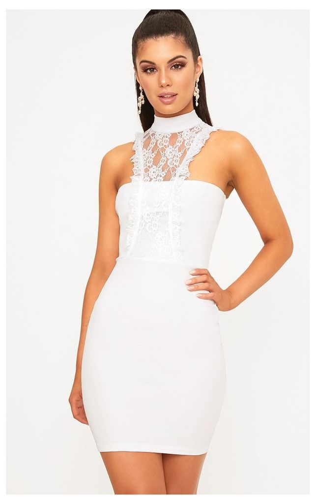Jessalyn White Lace Overlay High Neck Bodycon Dress, White