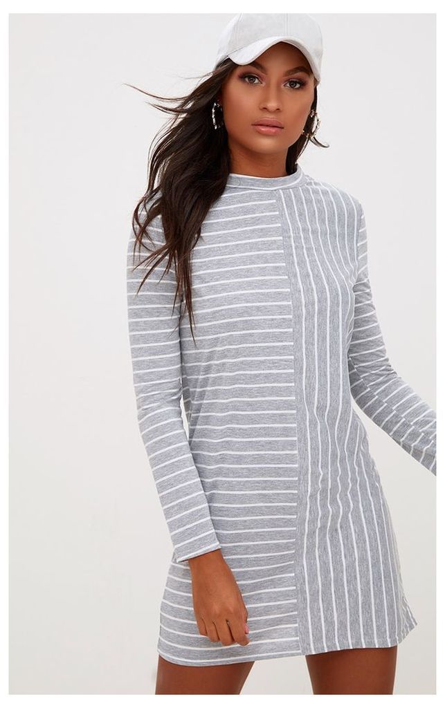 Grey Striped Long Sleeve T Shirt Dress, Grey