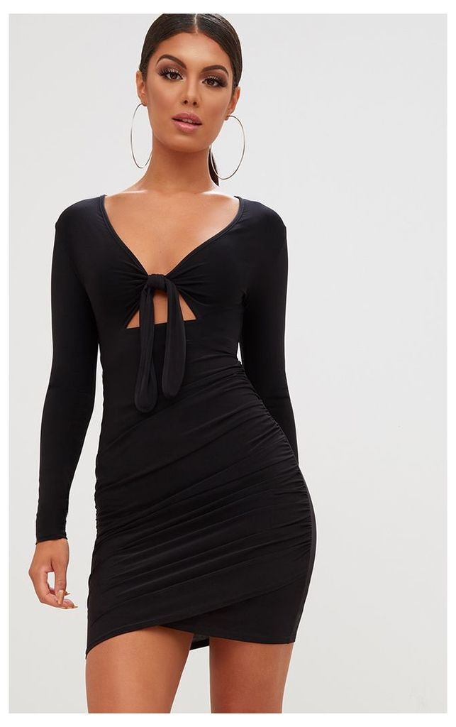 Black Tie Front Cut Out Bodycon Dress, Black