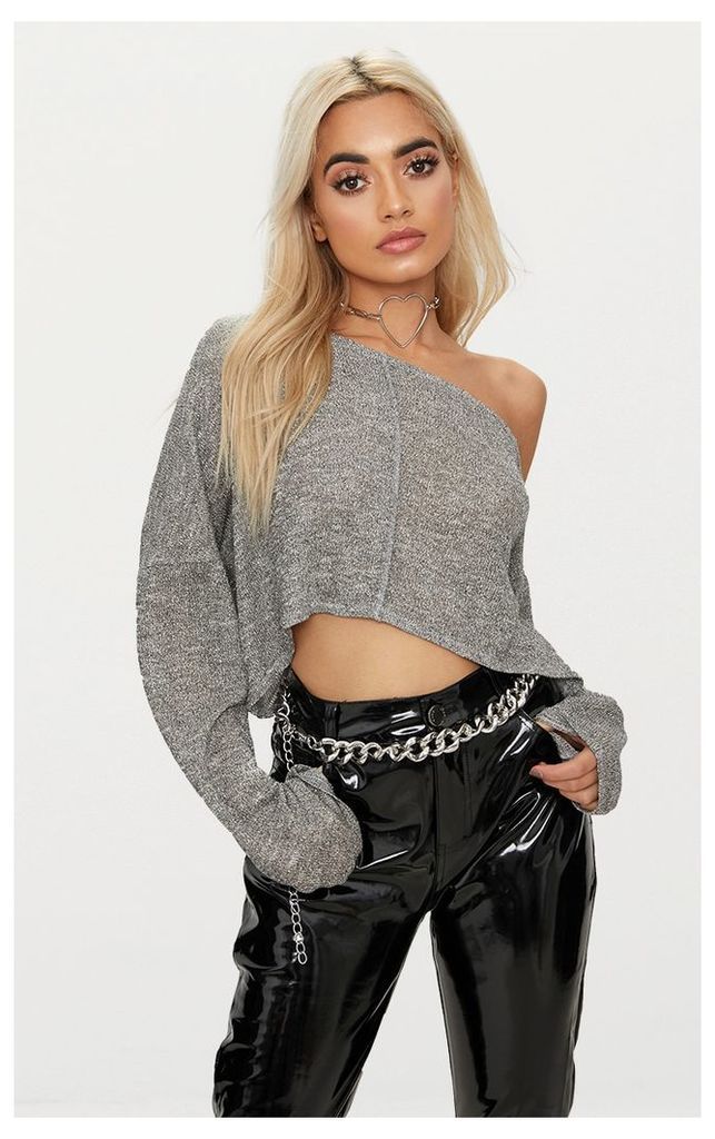 Silver Glitter Knit Off The Shoulder Crop Top, Grey