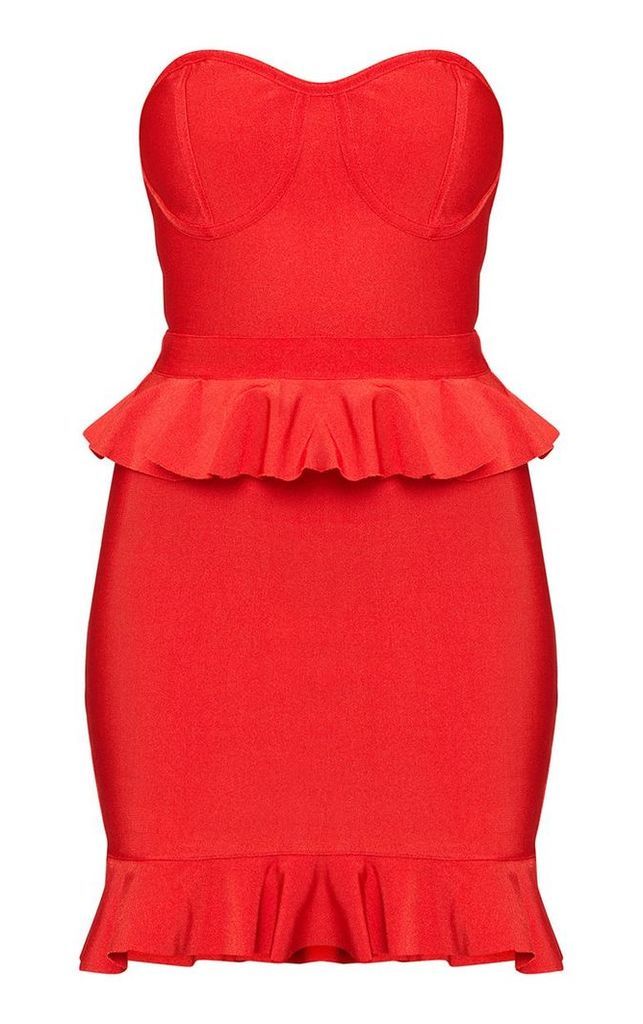 Red Bandeau Bandage Frill Detail Bodycon Dress, Red