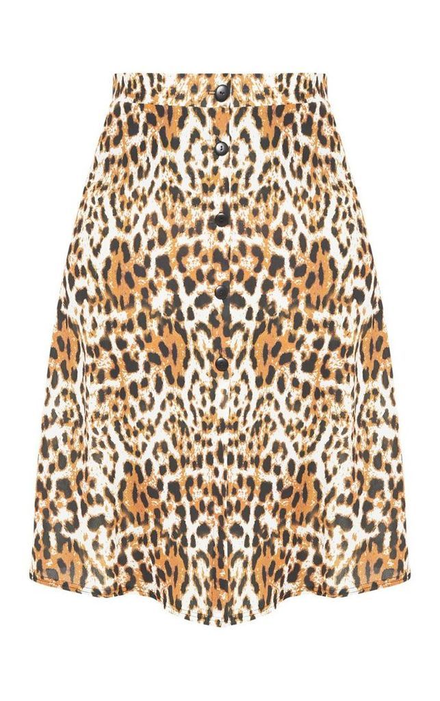 Plus Tan Leopard Print Button Up Midi Skirt, Brown