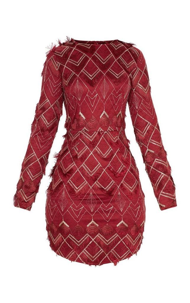 Burgundy Embroidered Tassel Bodycon Dress, Red