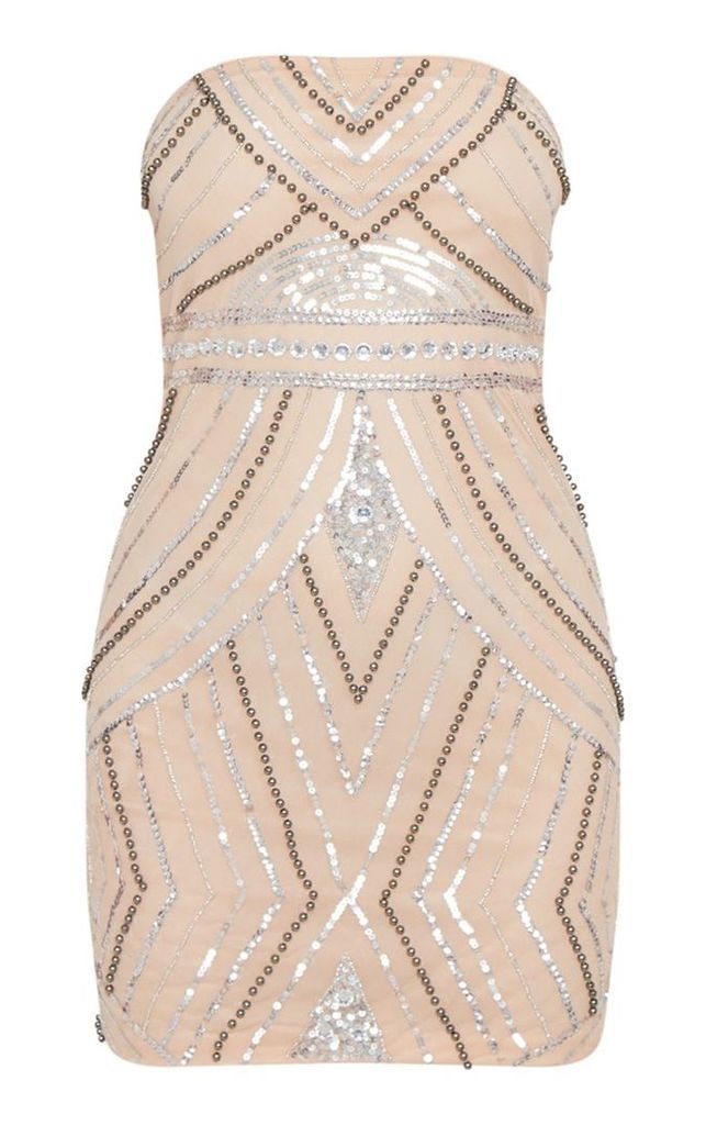Nude Bandeau Sequin Pearl Embellished Bodycon Dress, Pink