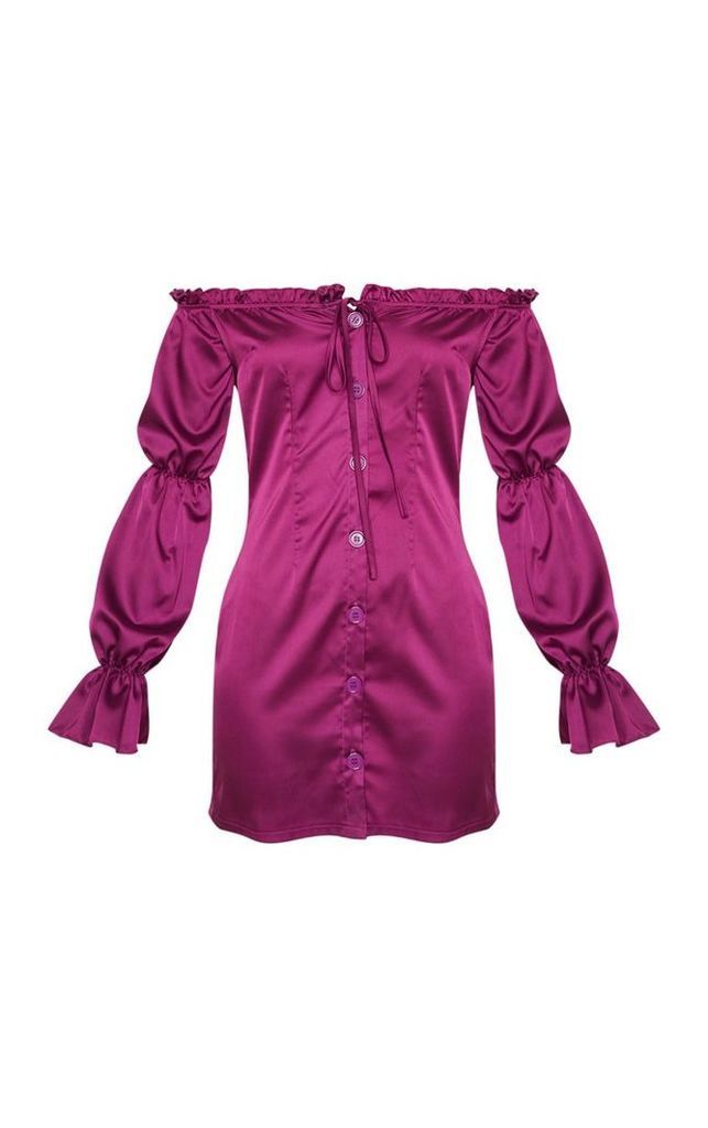 Purple Satin Bardot Button Detail  Bodycon Dress, Purple