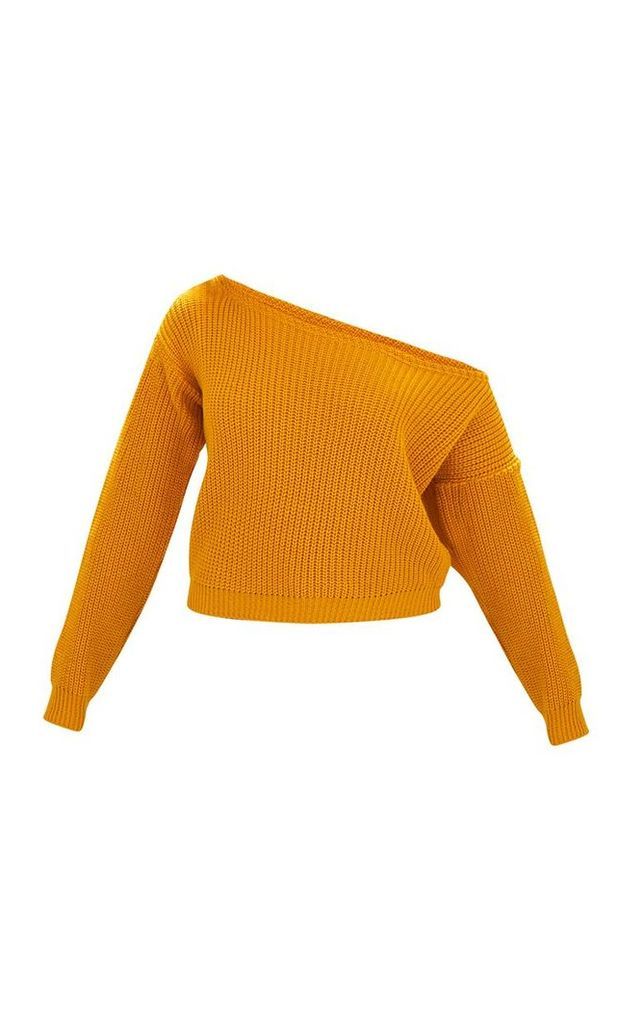 Mustard Off Shoulder Knitted Crop Jumper, Yellow