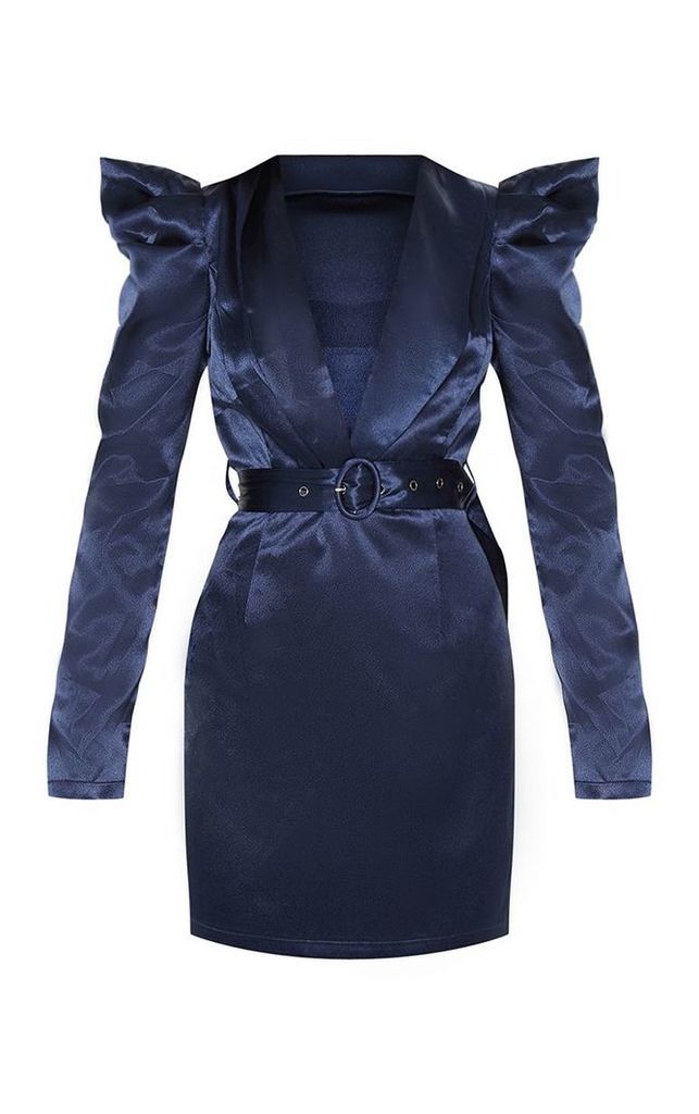Navy Shoulder Detail Belted Blazer Style Bodycon Dress, Blue