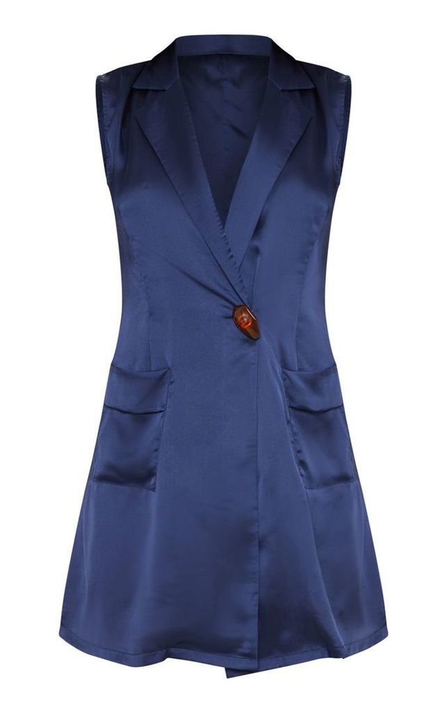 Navy Satin Sleeveless Blazer Dress, Blue