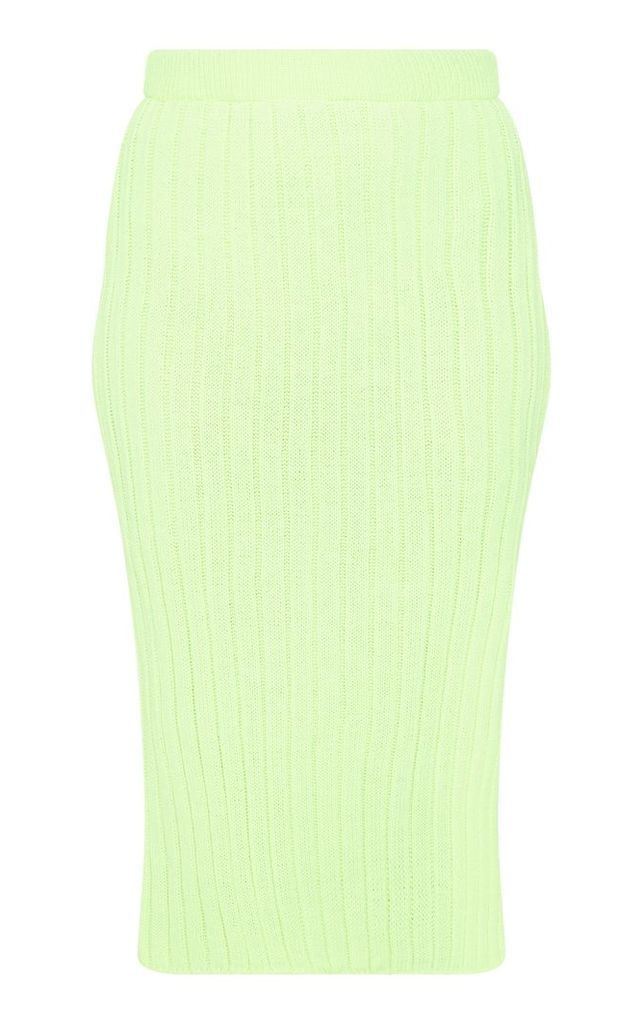 Petite Knitted Neon Lime Ribbed Midi Skirt, Green