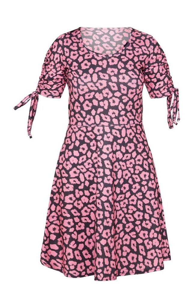 Pink Leopard Print Ruched Sleeve Skater Dress, Pink