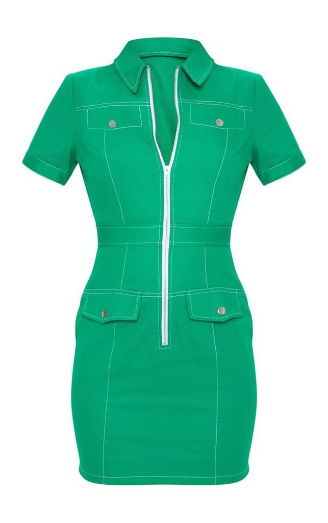 Green Zip Front Contrast Stitching Shift Dress, Green