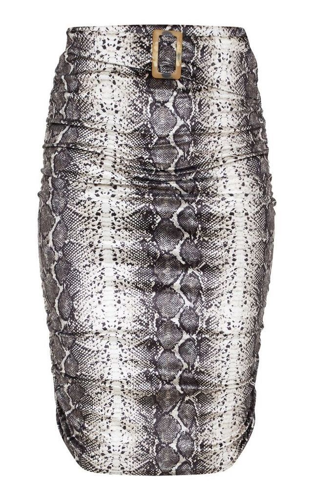 Grey Snake Print Velvet Belted Waist Midi Skirt, Grey