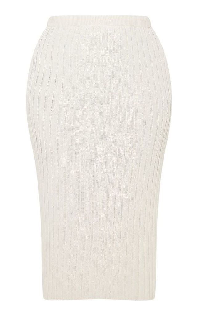 Plus Cream Knitted Ribbed Midi Skirt, White