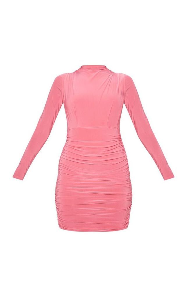 Hot Pink Slinky High Neck Ruched Front Bodycon Dress, Hot Pink