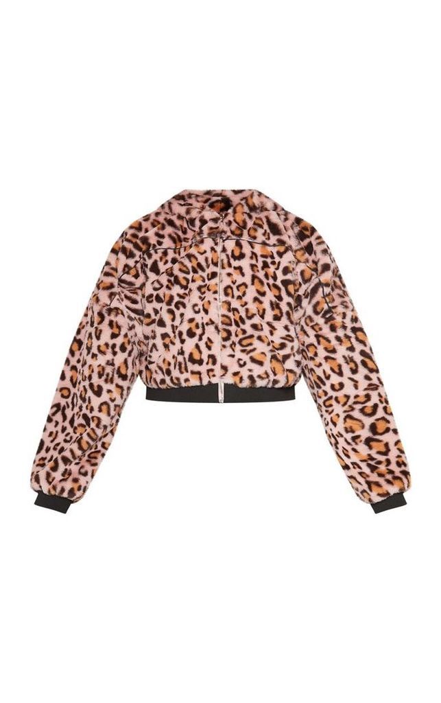 Pink Leopard Faux Fur Hooded Jacket, Pink