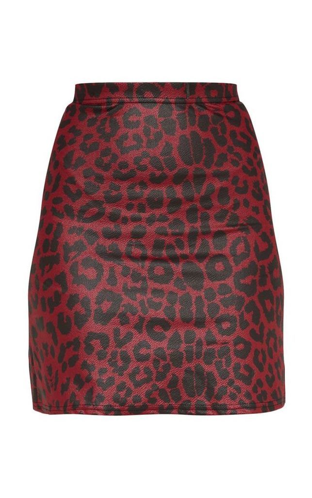 Petite Burgundy High Waist A Line Leopard Print Skirt, Red