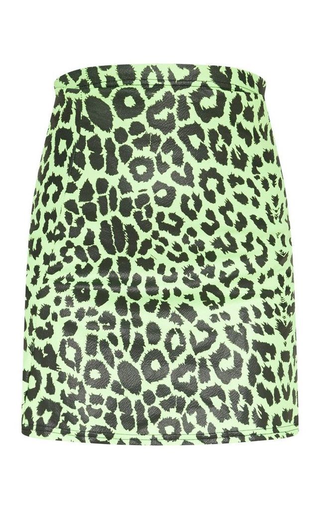 Petite Neon Lime High Waist A Line Leopard Print Skirt, Neon Lime