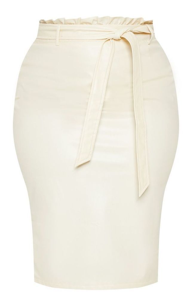 Plus Cream Faux Leather Frill Waist Midi Skirt, White