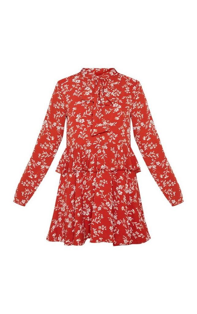 Rust Ditsy Floral Tie Neck Tiered Shift Dress, Orange