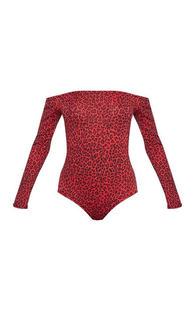 Red Leopard Print Bardot Bodysuit, Red