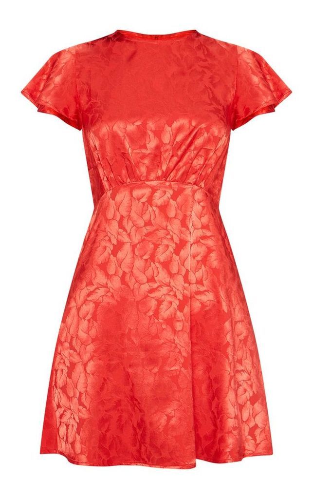 Red Floral Jacquard Ruched Top Skater Dress, Red