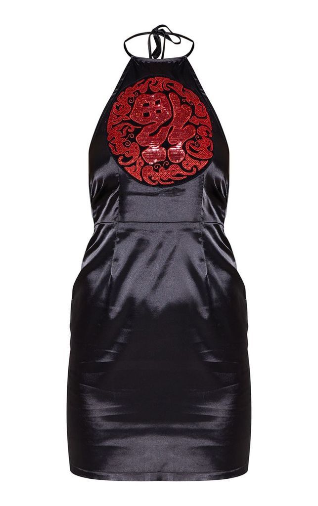 Black Satin Sequin Oriental Bodycon Dress, Black