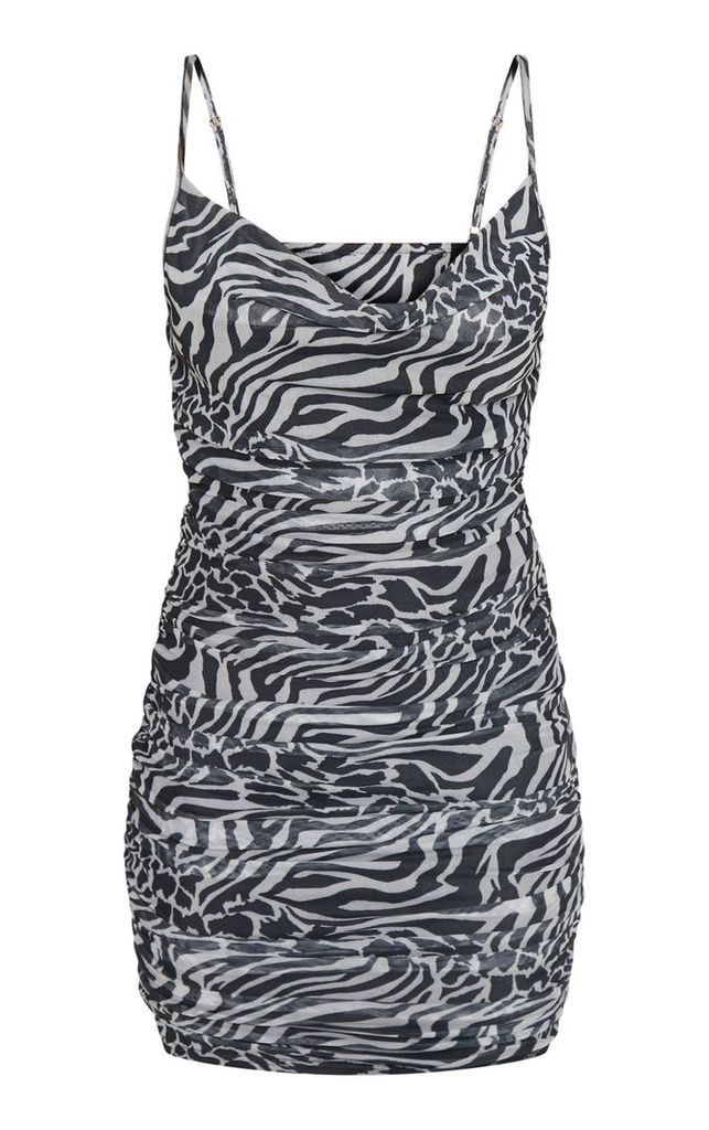 Zebra Print Mesh Ruched Side Bodycon Dress, Black