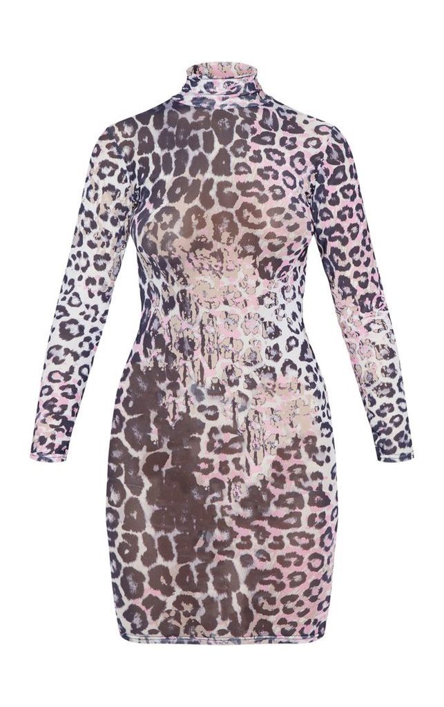 Multi Leopard Print Mesh High Neck Bodycon Dress, White