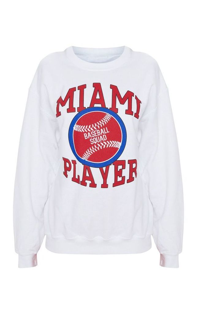 White Miami Baseball Slogan Oversized Sweater, White
