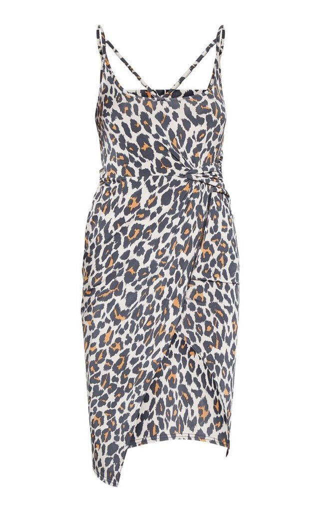 Tan Leopard Print Slinky Strap Detail Draped Midi Dress, Brown